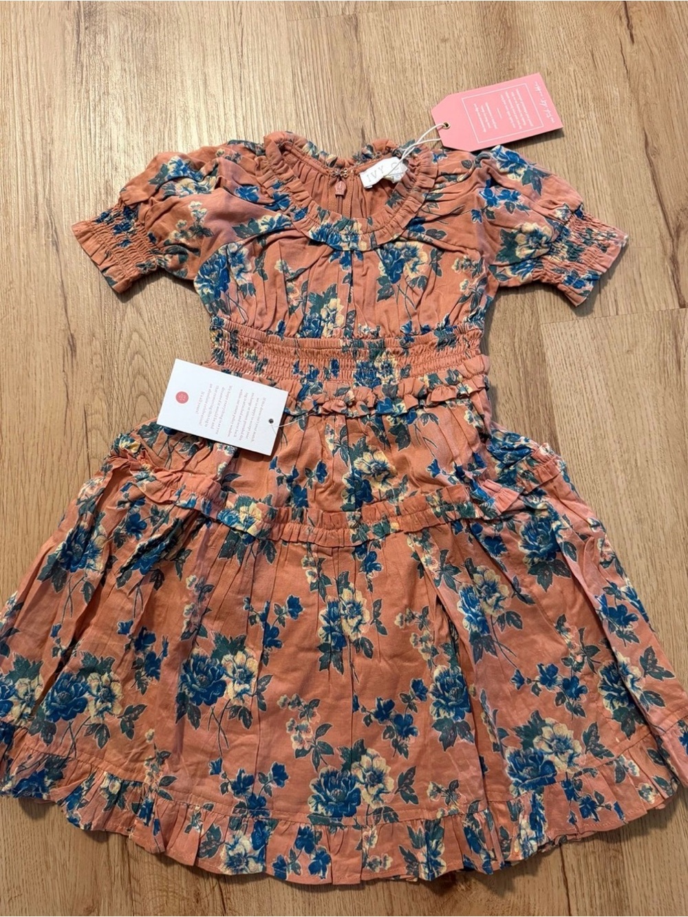 Ivy City Co Peach Dress with Blue Floral Print